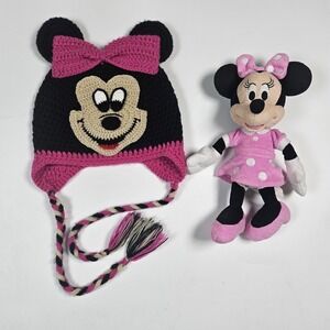 Disney Minnie Mouse Knit Hat Plush Bundle Girls OS Black Pink Crochet Beanie Toy